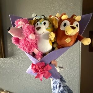 Bluey, and friends. Put in shrink wrap with satin bows. Perfect for giftgiving.